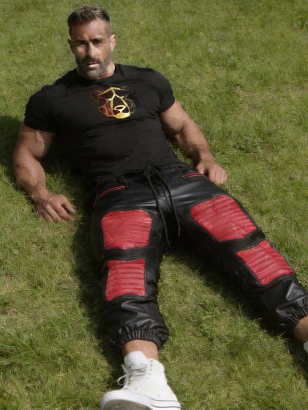 Men's Black Leather Shorts with Red Quilted Panels